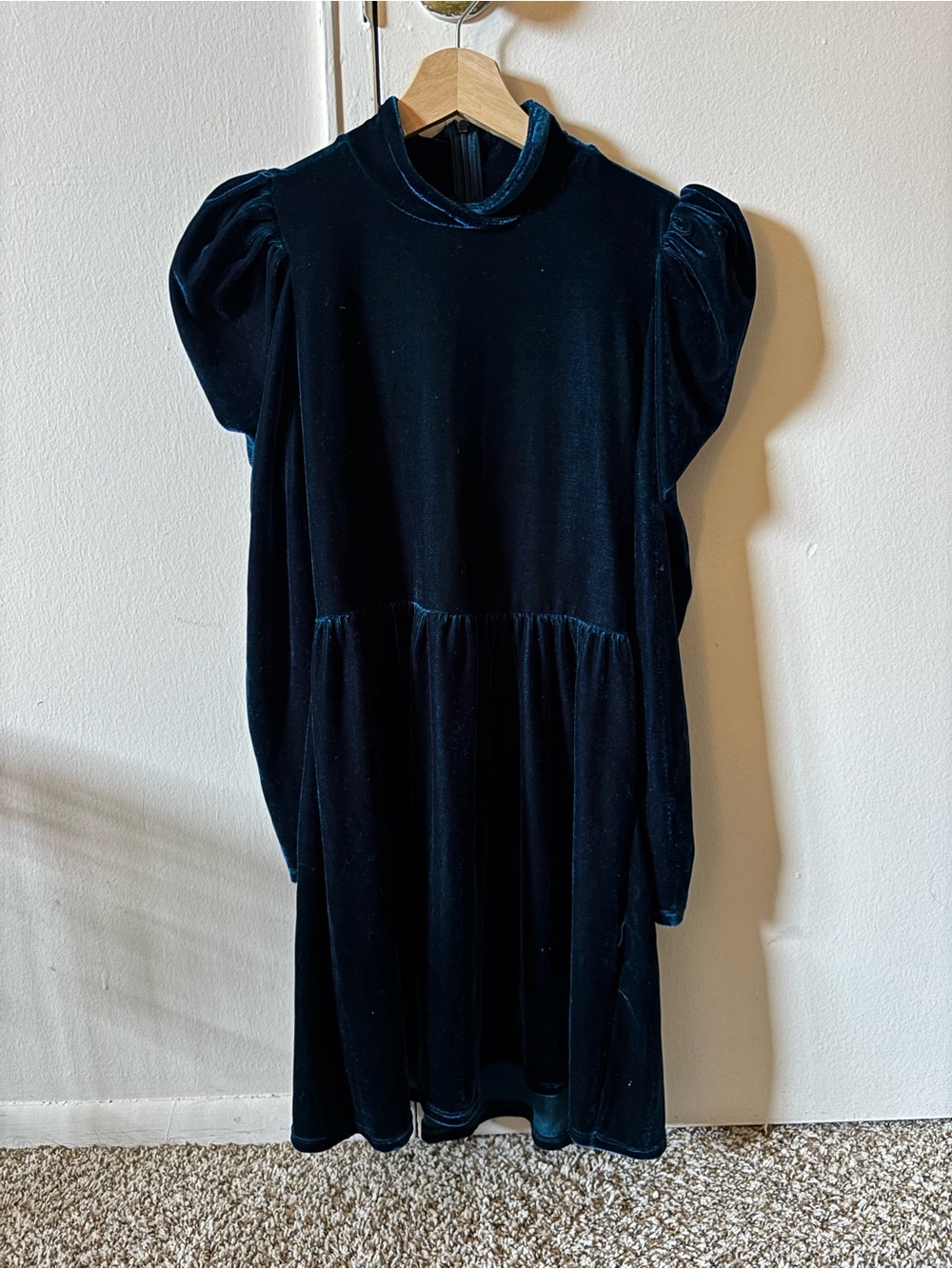 Zara Teal Velvet Puff Long Sleeve Dress